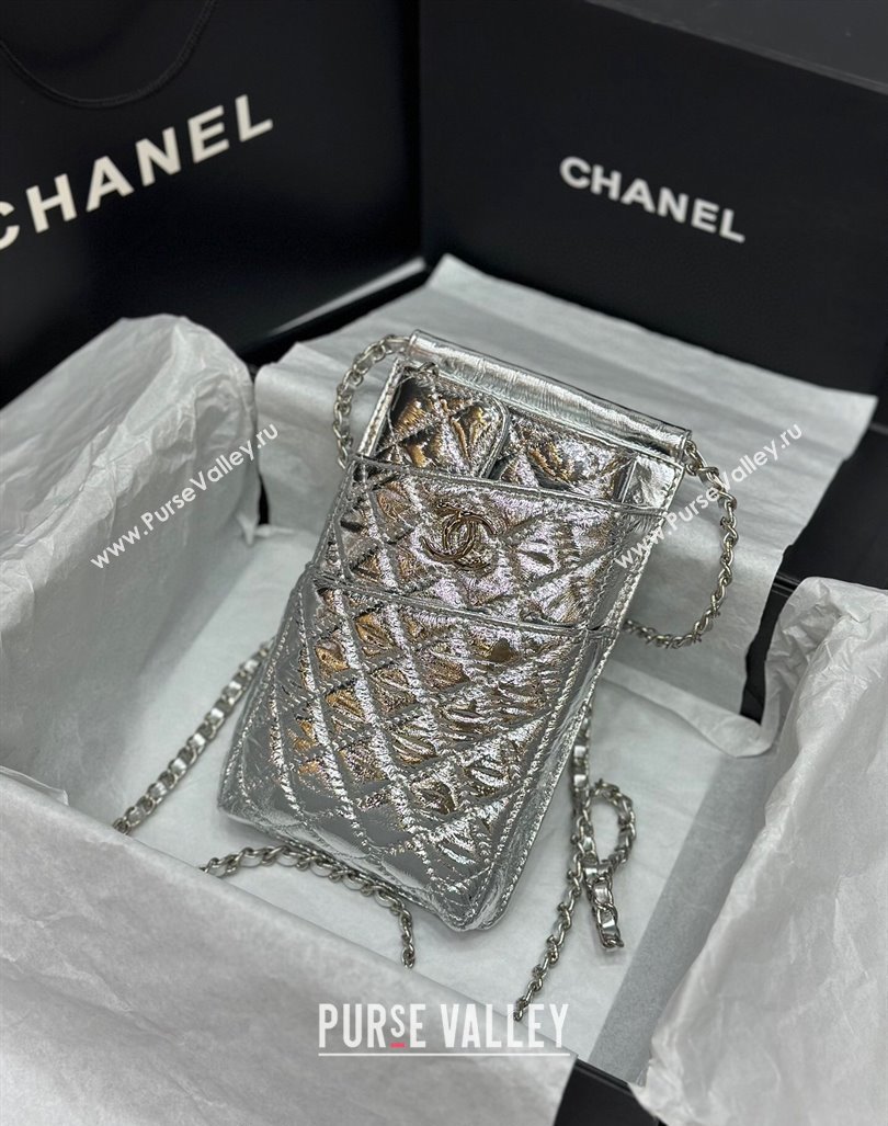Chanel Quilted Leather Phone Holder Wallet WOC on Chain Set Silver 2023 0407 (99-240408132)