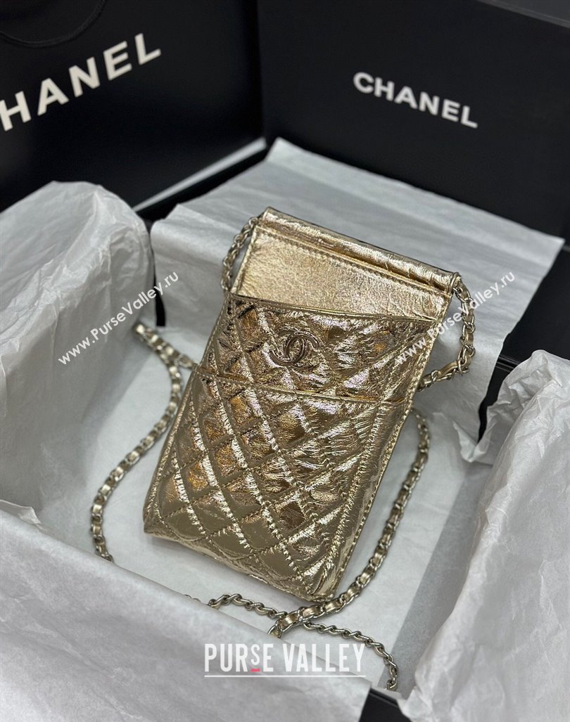 Chanel Quilted Leather Phone Holder Wallet WOC on Chain Set Gold 2023 0407 (99-240408133)