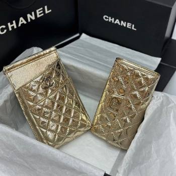Chanel Quilted Leather Phone Holder Wallet WOC on Chain Set Gold 2023 0407 (99-240408133)