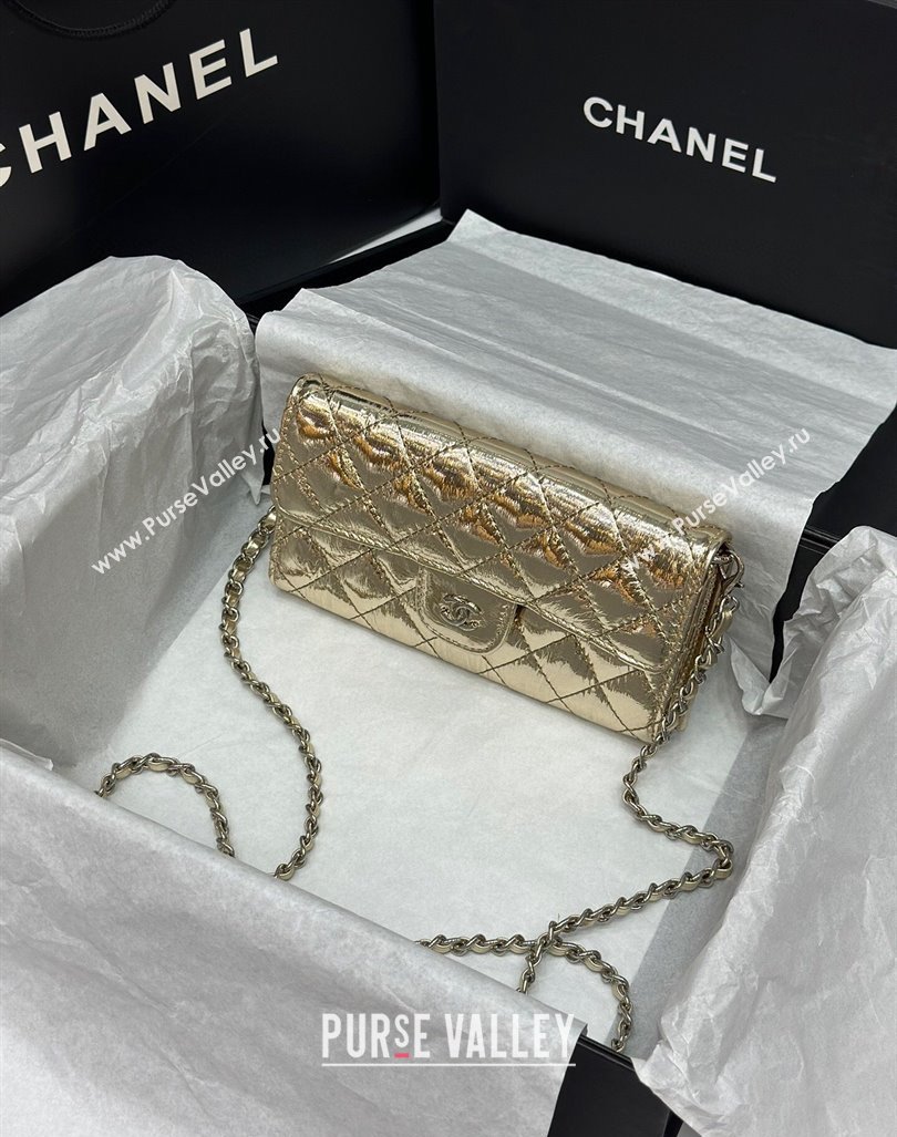 Chanel Quilted Leather Phone Holder Wallet WOC on Chain Set Gold 2023 0407 (99-240408133)