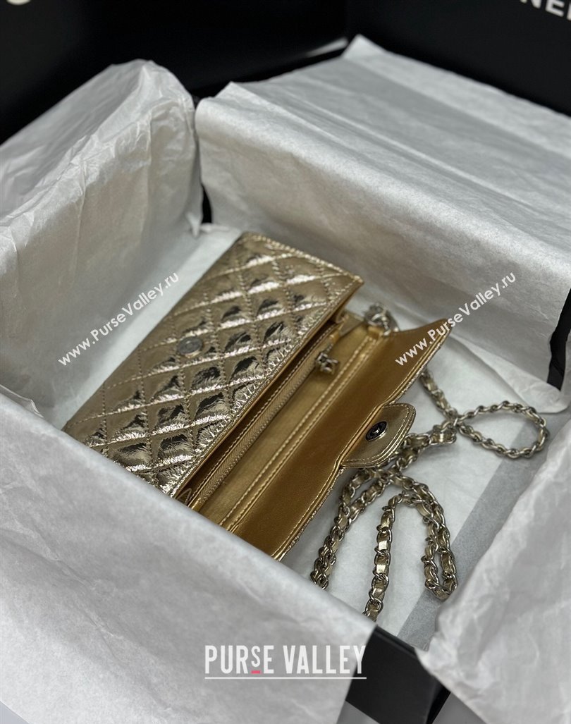 Chanel Quilted Leather Phone Holder Wallet WOC on Chain Set Gold 2023 0407 (99-240408133)