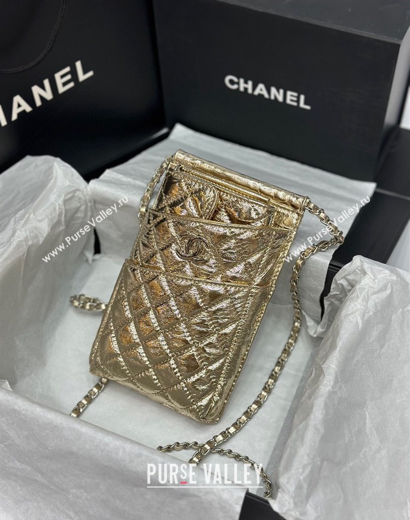 Chanel Quilted Leather Phone Holder Wallet WOC on Chain Set Gold 2023 0407 (99-240408133)