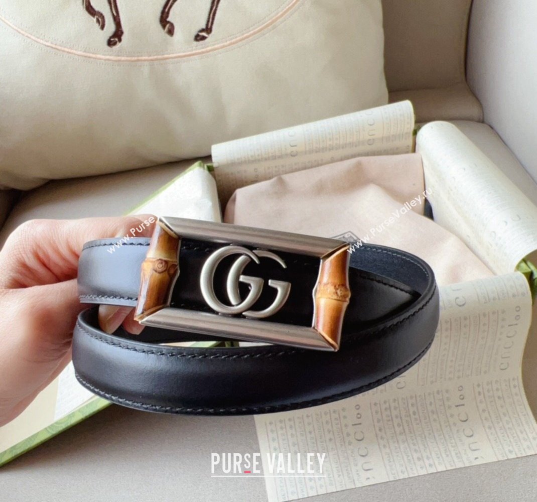 Gucci Leather Belt 2cm with GG Bamboo Buckle Black/Silver 2024 0509 (99-240509145)