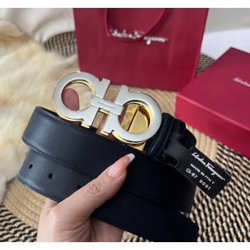 Ferragamo Gancini Black Leather Belt 3.5cm with Double Logo Buckle Silver/Gold 2024 138950 (99-240509166)