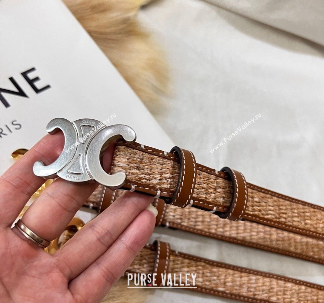 Celine Triomphe Belt 2.5cm in Straw-Like aand Leather with Silver Logo Buckle 2024 368340 (99-240509137)