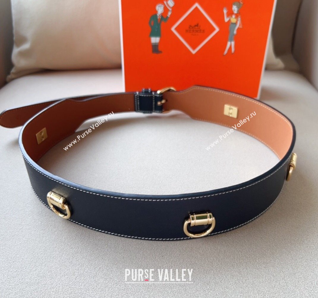 Hermes Calfskin Wide Waist Belt 4.5cm Black/Gold 2024 0510 (99-240510053)