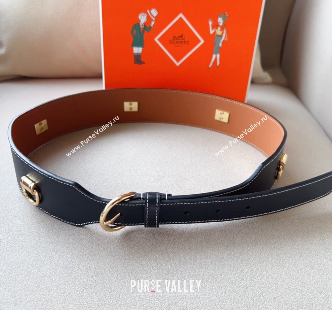 Hermes Calfskin Wide Waist Belt 4.5cm Black/Gold 2024 0510 (99-240510053)