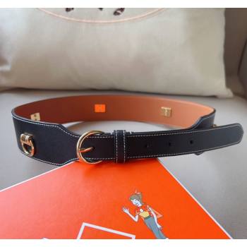 Hermes Calfskin Wide Waist Belt 4.5cm Black/Gold 2024 0510 (99-240510053)