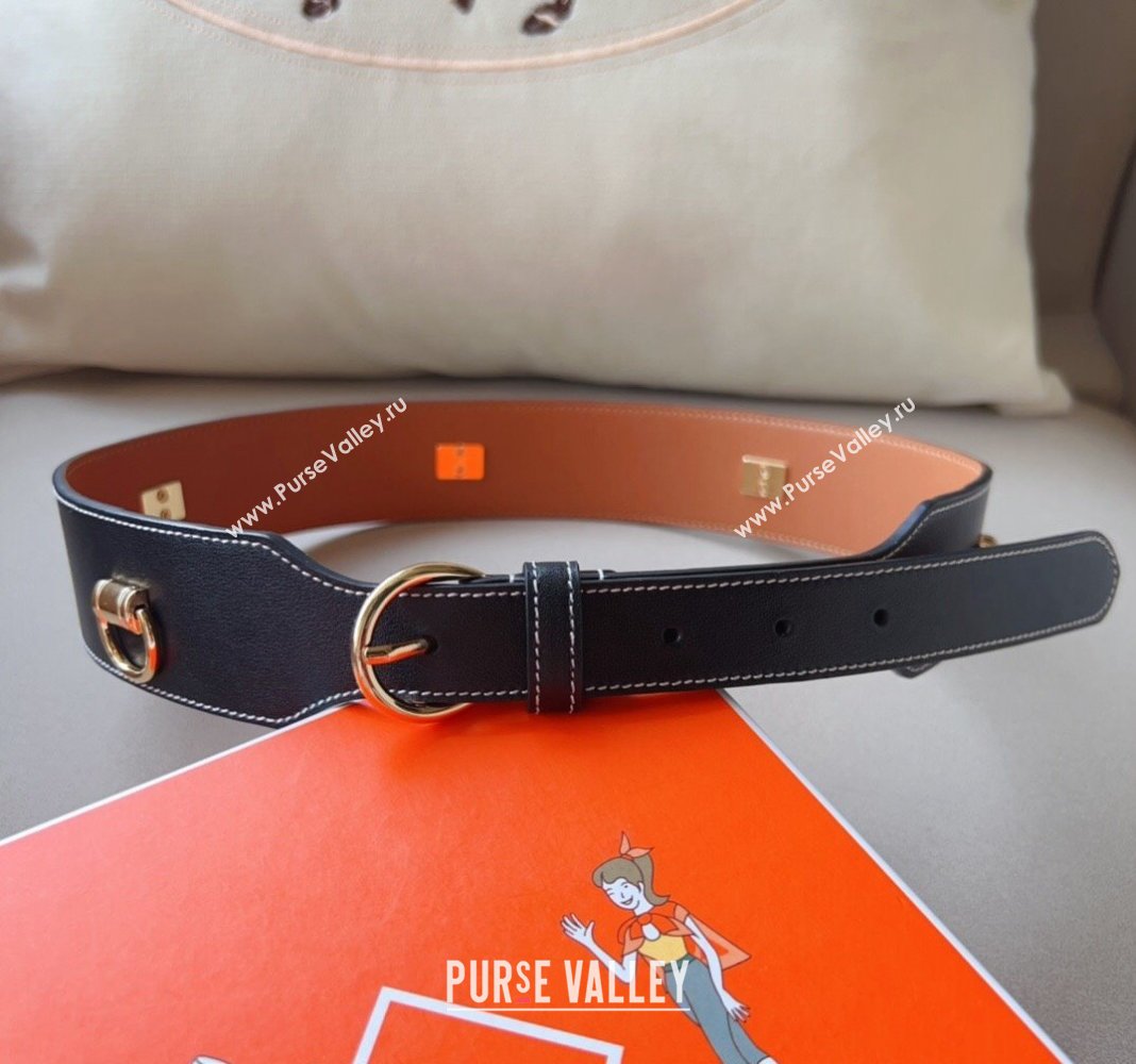 Hermes Calfskin Wide Waist Belt 4.5cm Black/Gold 2024 0510 (99-240510053)