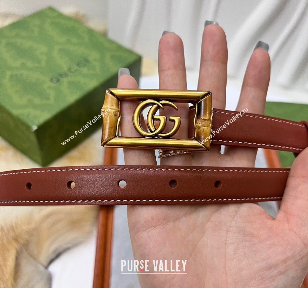 Gucci Leather Belt 2cm with GG Bamboo Buckle Brown/Gold 2024 0509 (99-240509143)