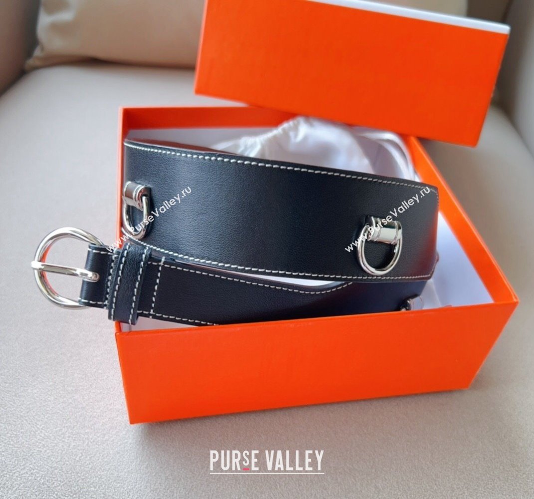 Hermes Calfskin Wide Waist Belt 4.5cm Black/Silver 2024 0510 (99-240510054)