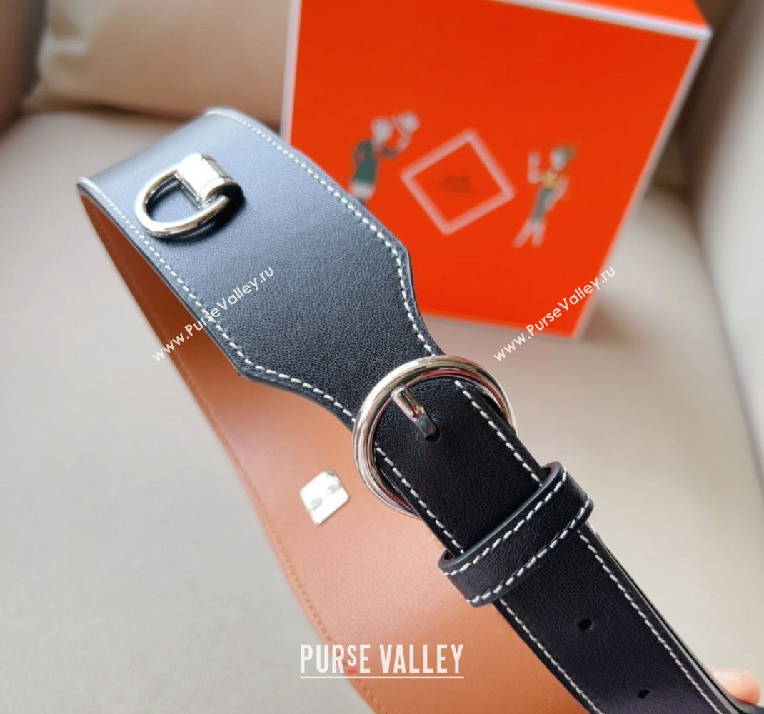 Hermes Calfskin Wide Waist Belt 4.5cm Black/Silver 2024 0510 (99-240510054)