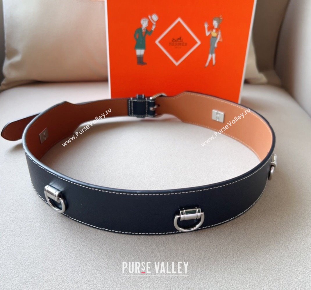 Hermes Calfskin Wide Waist Belt 4.5cm Black/Silver 2024 0510 (99-240510054)