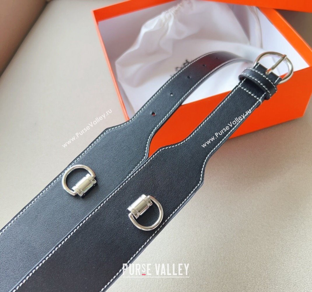 Hermes Calfskin Wide Waist Belt 4.5cm Black/Silver 2024 0510 (99-240510054)