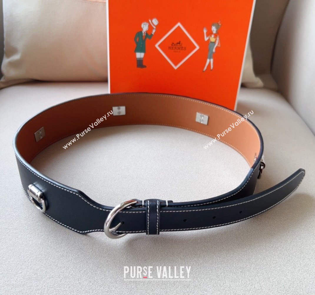 Hermes Calfskin Wide Waist Belt 4.5cm Black/Silver 2024 0510 (99-240510054)