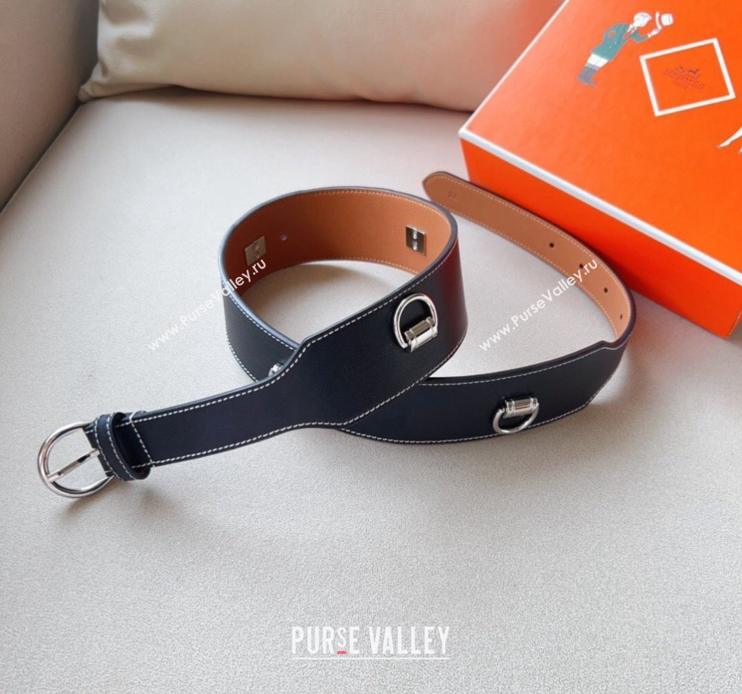 Hermes Calfskin Wide Waist Belt 4.5cm Black/Silver 2024 0510 (99-240510054)