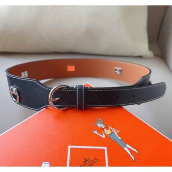 Hermes Calfskin Wide Waist Belt 4.5cm Black/Silver 2024 0510 (99-240510054)