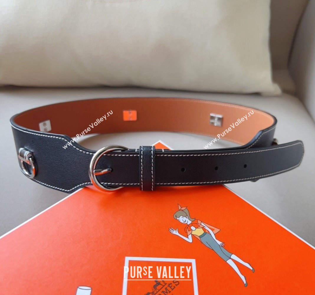 Hermes Calfskin Wide Waist Belt 4.5cm Black/Silver 2024 0510 (99-240510054)