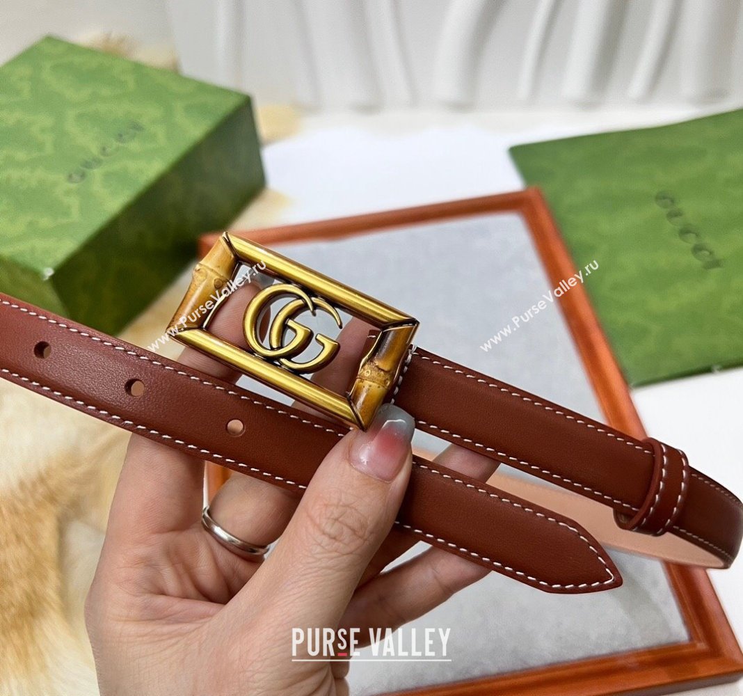 Gucci Leather Belt 2cm with GG Bamboo Buckle Brown/Gold 2024 0509 (99-240509143)
