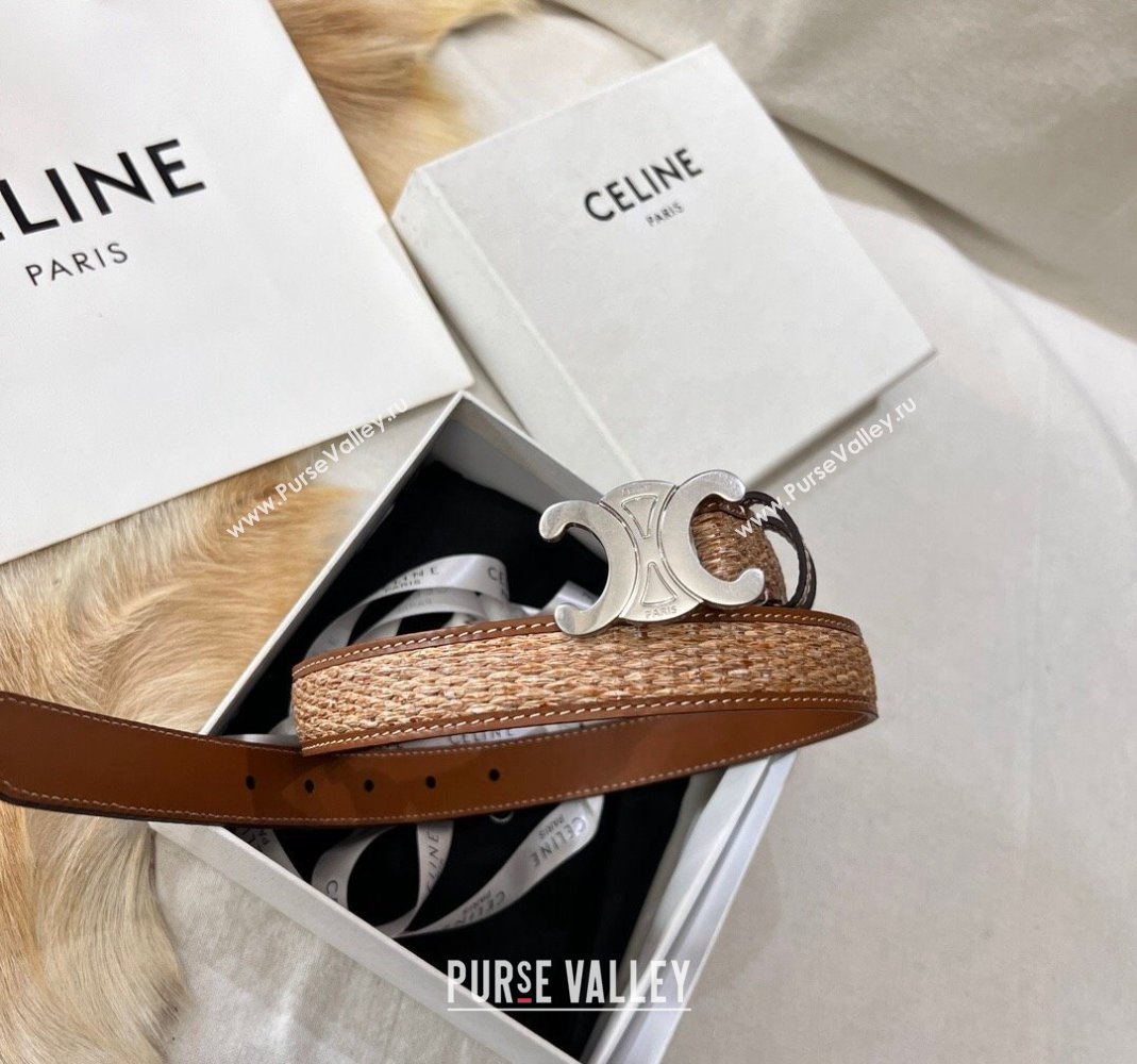 Celine Triomphe Belt 2.5cm in Straw-Like aand Leather with Silver Logo Buckle 2024 368340 (99-240509137)