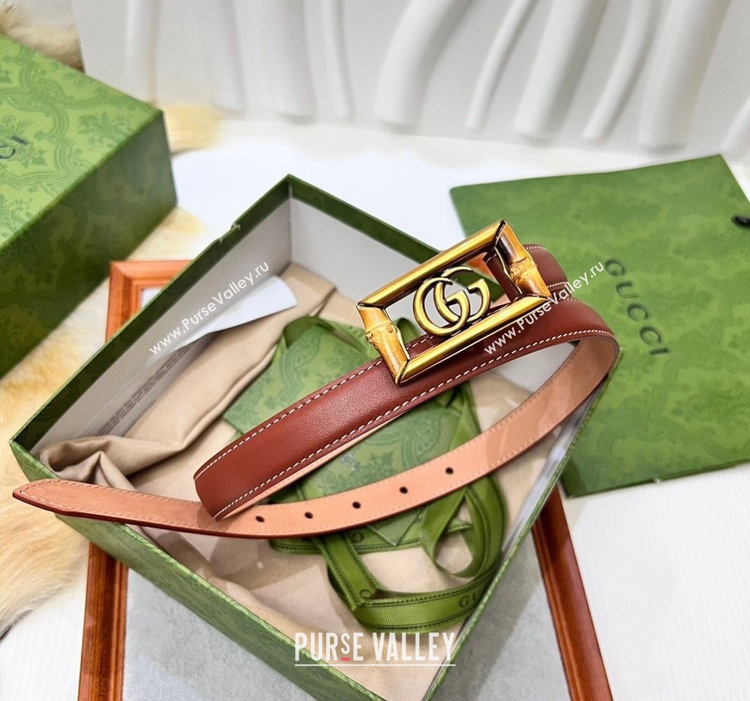 Gucci Leather Belt 2cm with GG Bamboo Buckle Brown/Gold 2024 0509 (99-240509143)