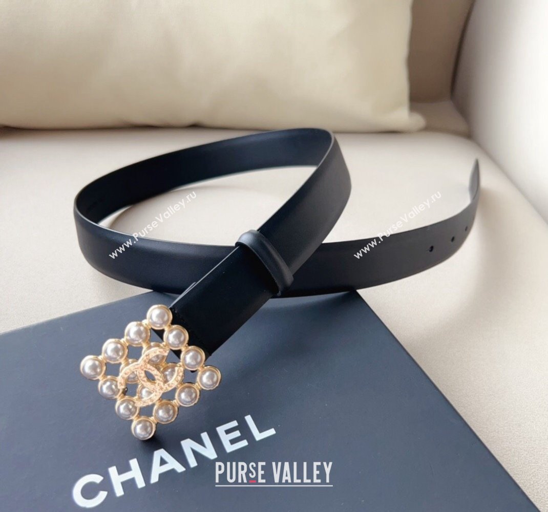 Chanel Calfskin Leather Belt 3cm with Pearl Buckle Black/Gold 2024 0509 (99-240509183)