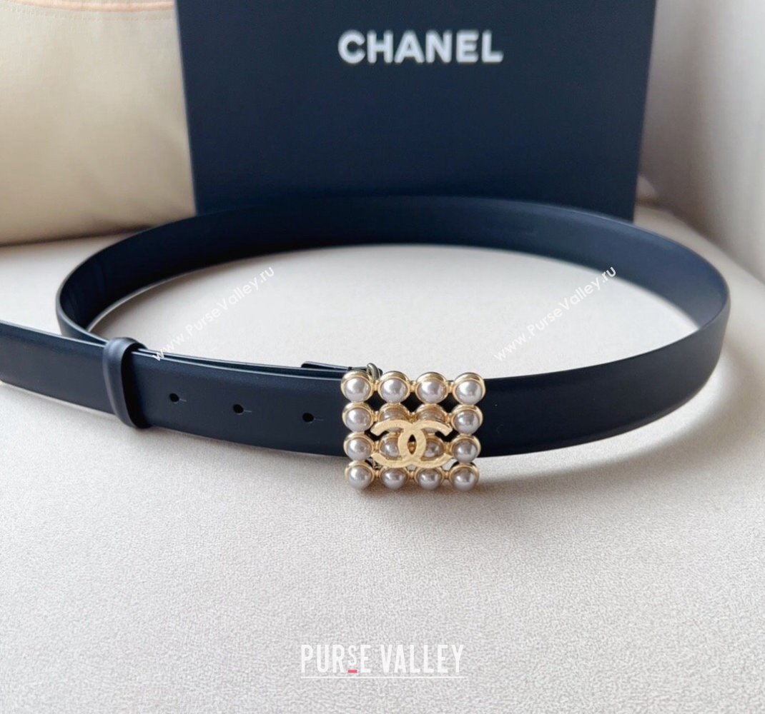 Chanel Calfskin Leather Belt 3cm with Pearl Buckle Black/Gold 2024 0509 (99-240509183)