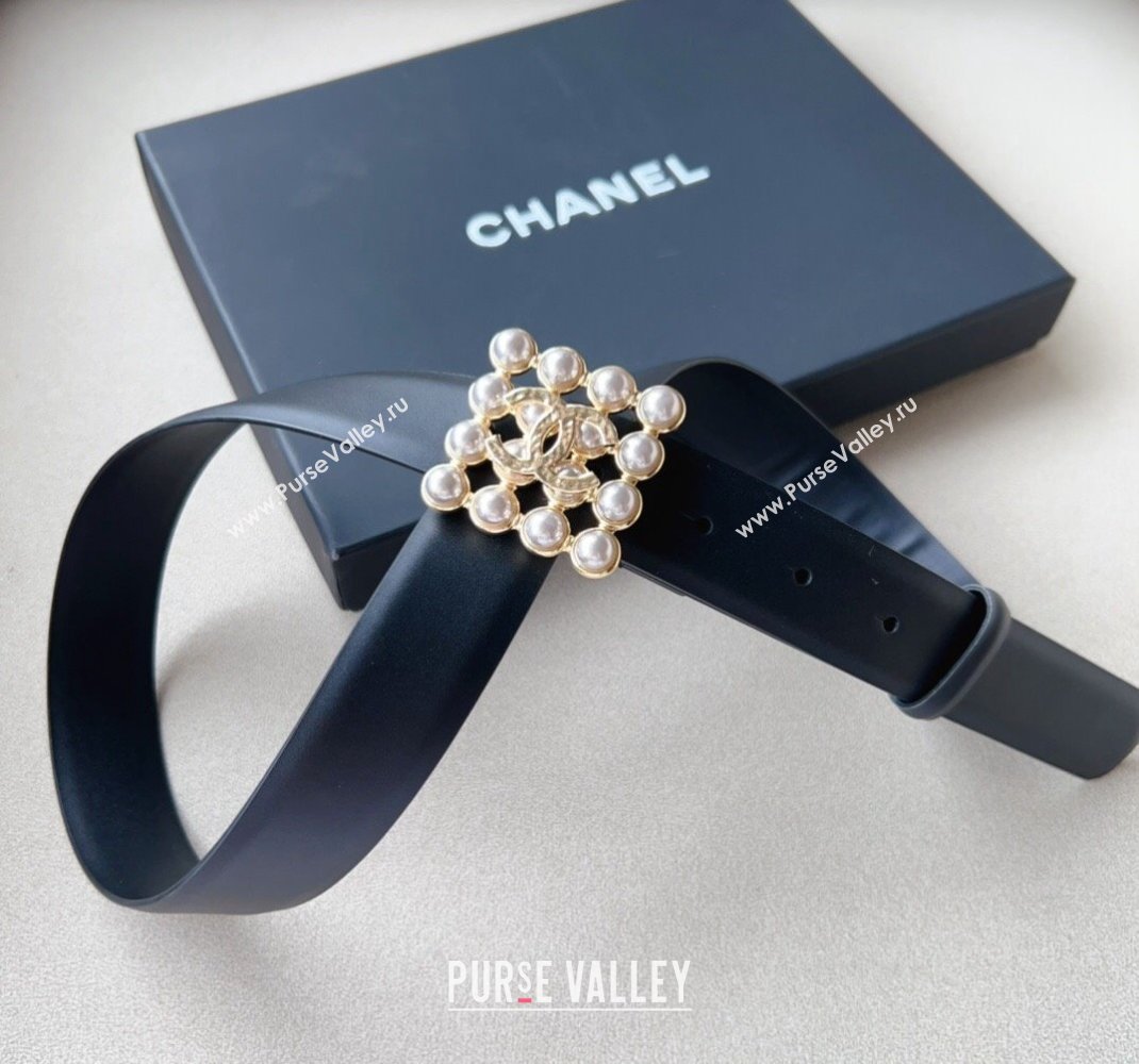 Chanel Calfskin Leather Belt 3cm with Pearl Buckle Black/Gold 2024 0509 (99-240509183)