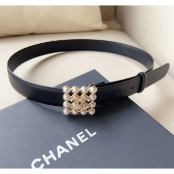 Chanel Calfskin Leather Belt 3cm with Pearl Buckle Black/Gold 2024 0509 (99-240509183)