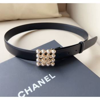 Chanel Calfskin Leather Belt 3cm with Pearl Buckle Black/Gold 2024 0509 (99-240509183)
