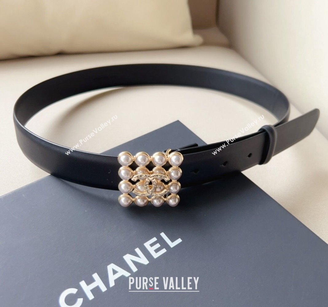 Chanel Calfskin Leather Belt 3cm with Pearl Buckle Black/Gold 2024 0509 (99-240509183)