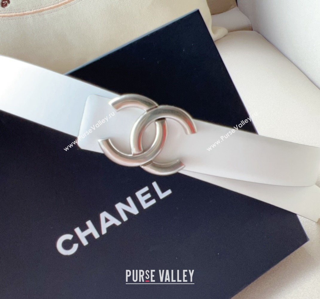 Chanel Calfskin Leather Belt 3cm with Metal CC White 2024 051002 (99-240510049)