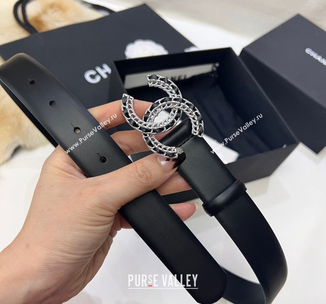 Chanel Black Leather Belt 3cm with Chain and Leather CC Buckle 2024 050901 (99-240509167)