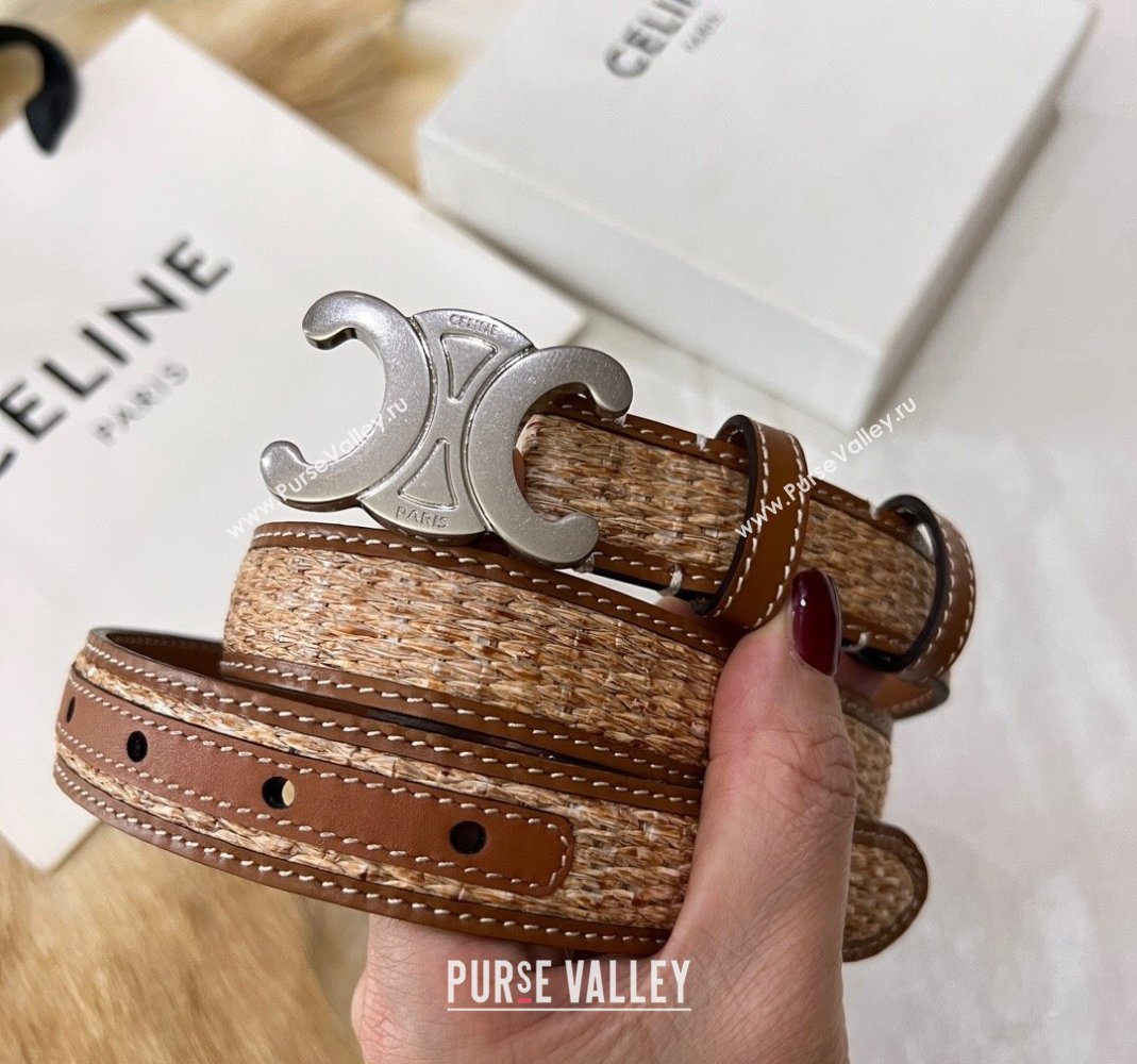 Celine Triomphe Belt 2.5cm in Straw-Like aand Leather with Silver Logo Buckle 2024 368340 (99-240509137)