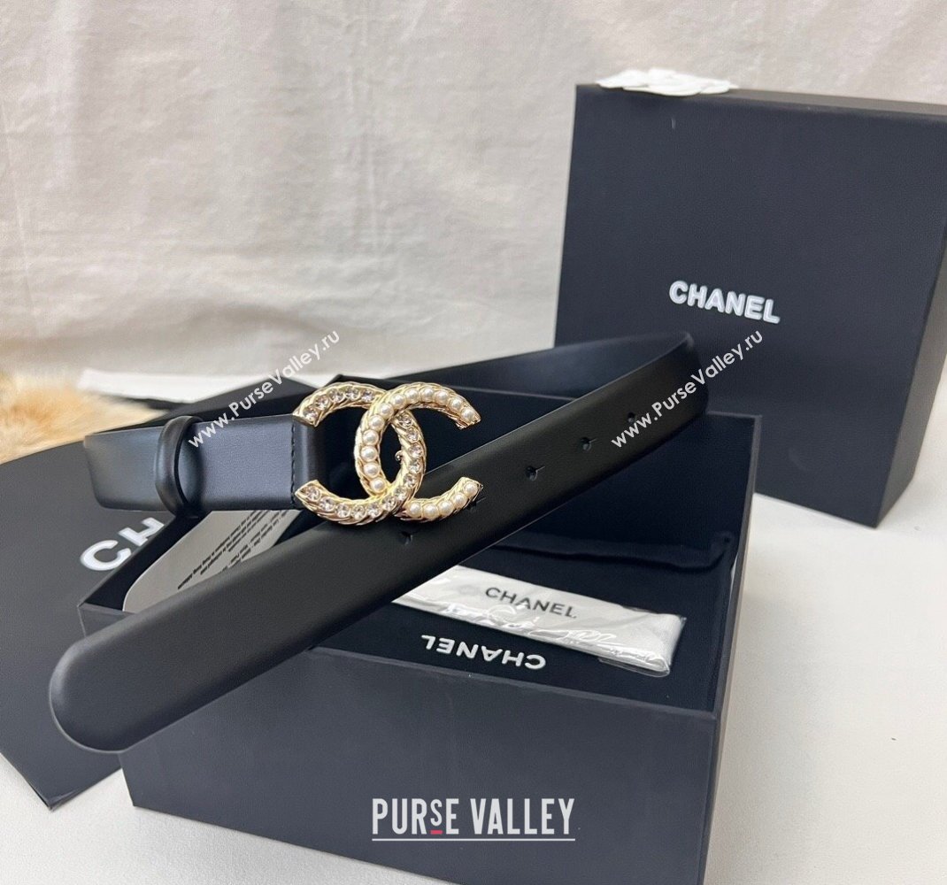 Chanel Leather Belt 3cm with Strass and Pearls CC Buckle Black/Gold 2024 050907 (99-240509174)