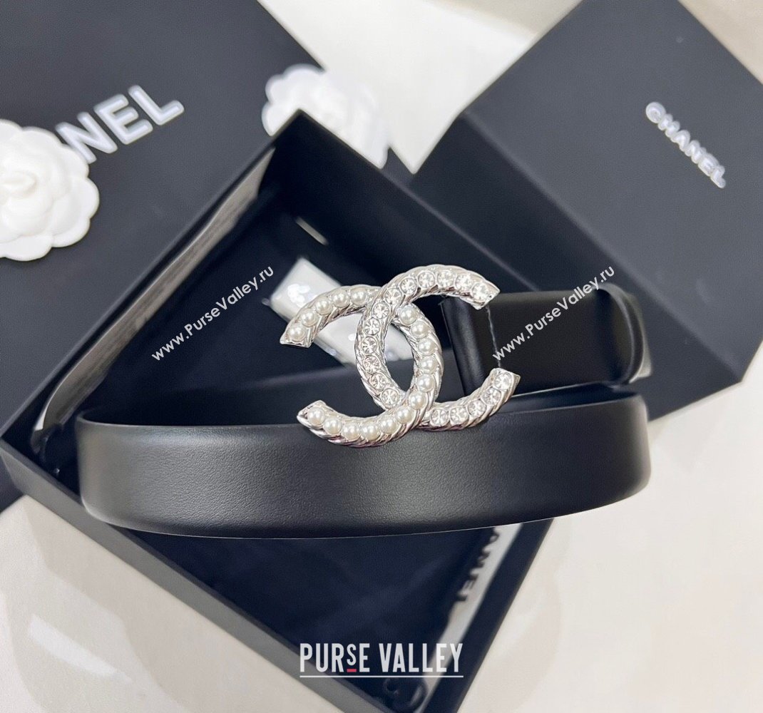 Chanel Leather Belt 3cm with Strass and Pearls CC Buckle Black/Silver 2024 050907 (99-240509175)