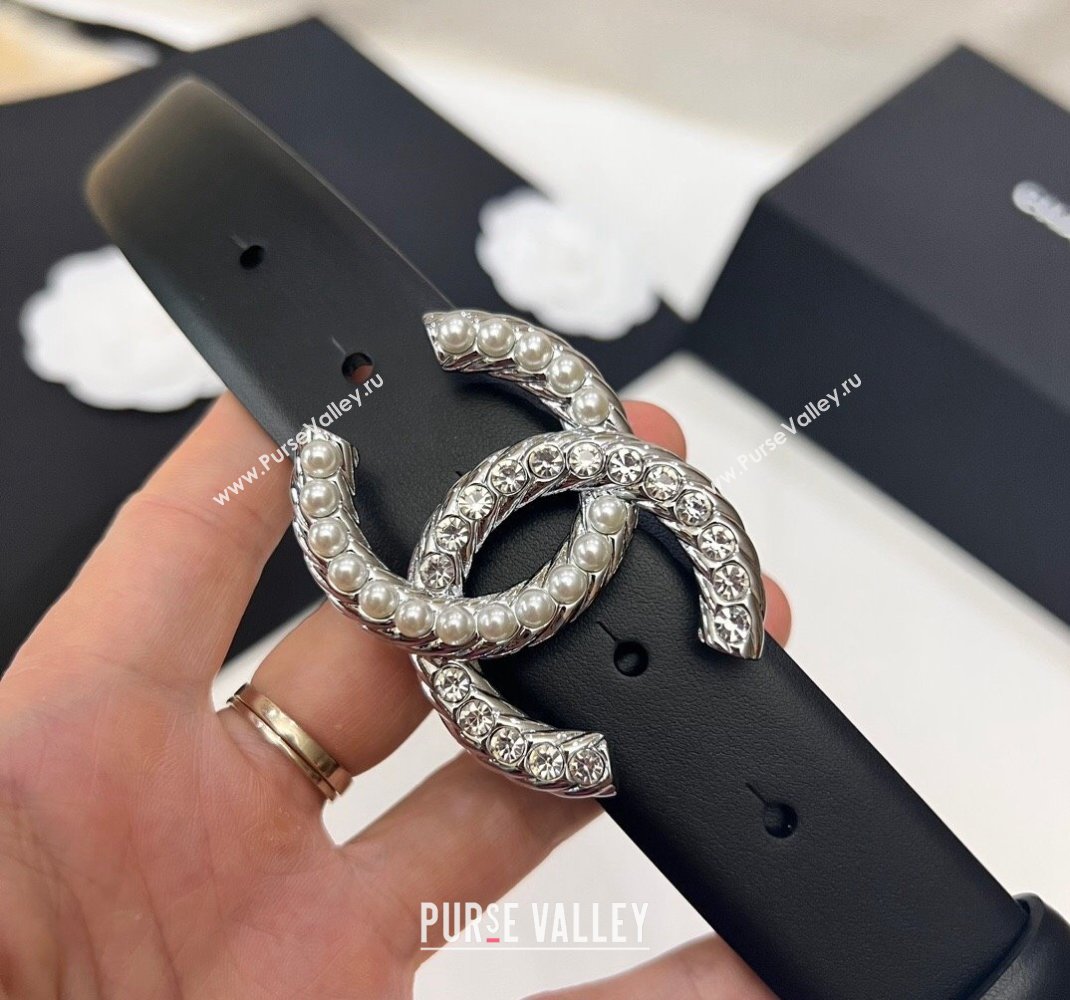 Chanel Leather Belt 3cm with Strass and Pearls CC Buckle Black/Silver 2024 050907 (99-240509175)