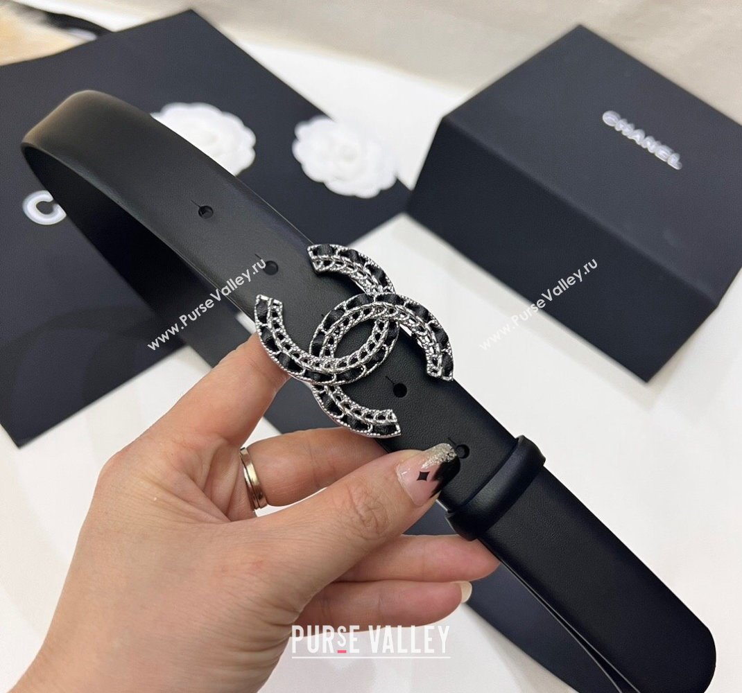 Chanel Black Leather Belt 3cm with Chain and Leather CC Buckle 2024 050901 (99-240509167)