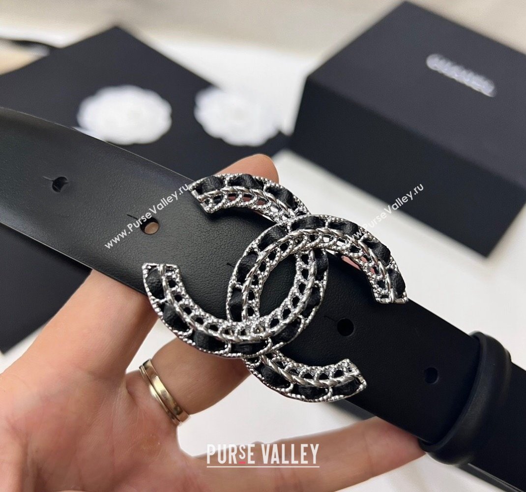 Chanel Black Leather Belt 3cm with Chain and Leather CC Buckle 2024 050901 (99-240509167)