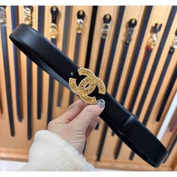 Chanel Black Leather Belt 3cm with Strass CC Buckle 2024 050903 (99-240509169)