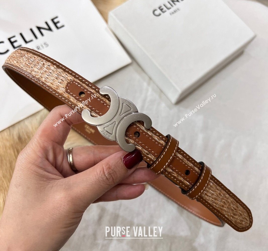 Celine Triomphe Belt 2.5cm in Straw-Like aand Leather with Silver Logo Buckle 2024 368340 (99-240509137)