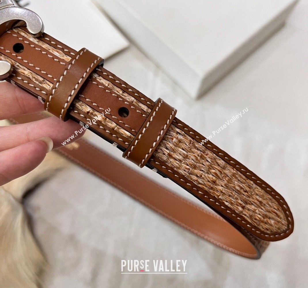 Celine Triomphe Belt 2.5cm in Straw-Like aand Leather with Silver Logo Buckle 2024 368340 (99-240509137)