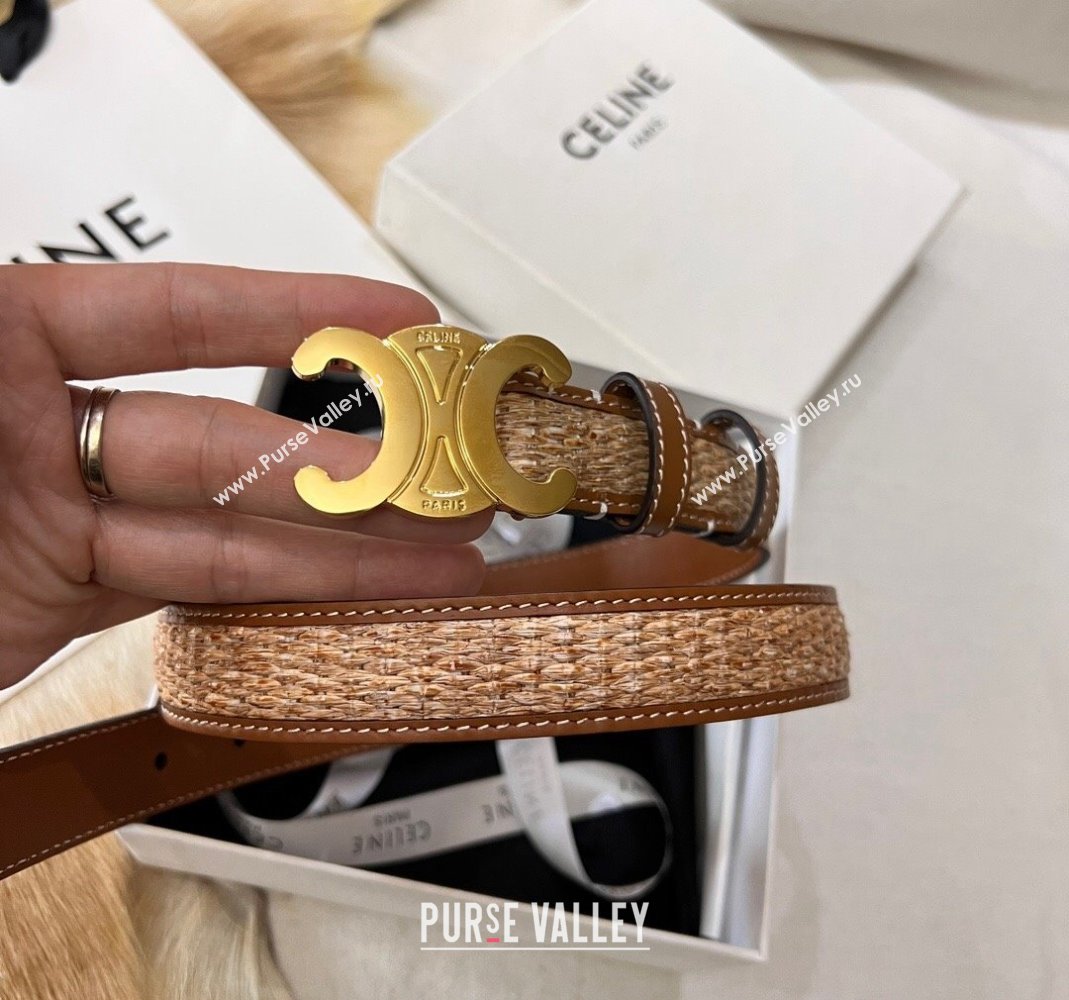 Celine Triomphe Belt 2.5cm in Straw-Like aand Leather with Gold Logo Buckle Shiny Gold 2024 368340 (99-240509138)