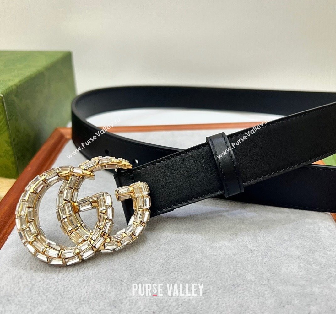 Gucci Leather Belt 3cm with Strass GG Black/Gold 2024 050902 (99-240509151)