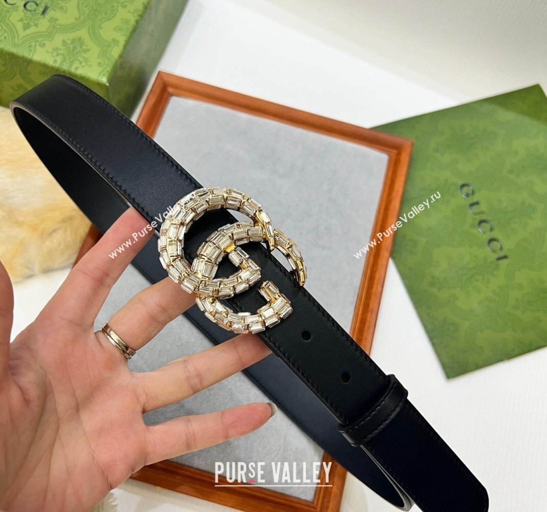 Gucci Leather Belt 3cm with Strass GG Black/Gold 2024 050902 (99-240509151)