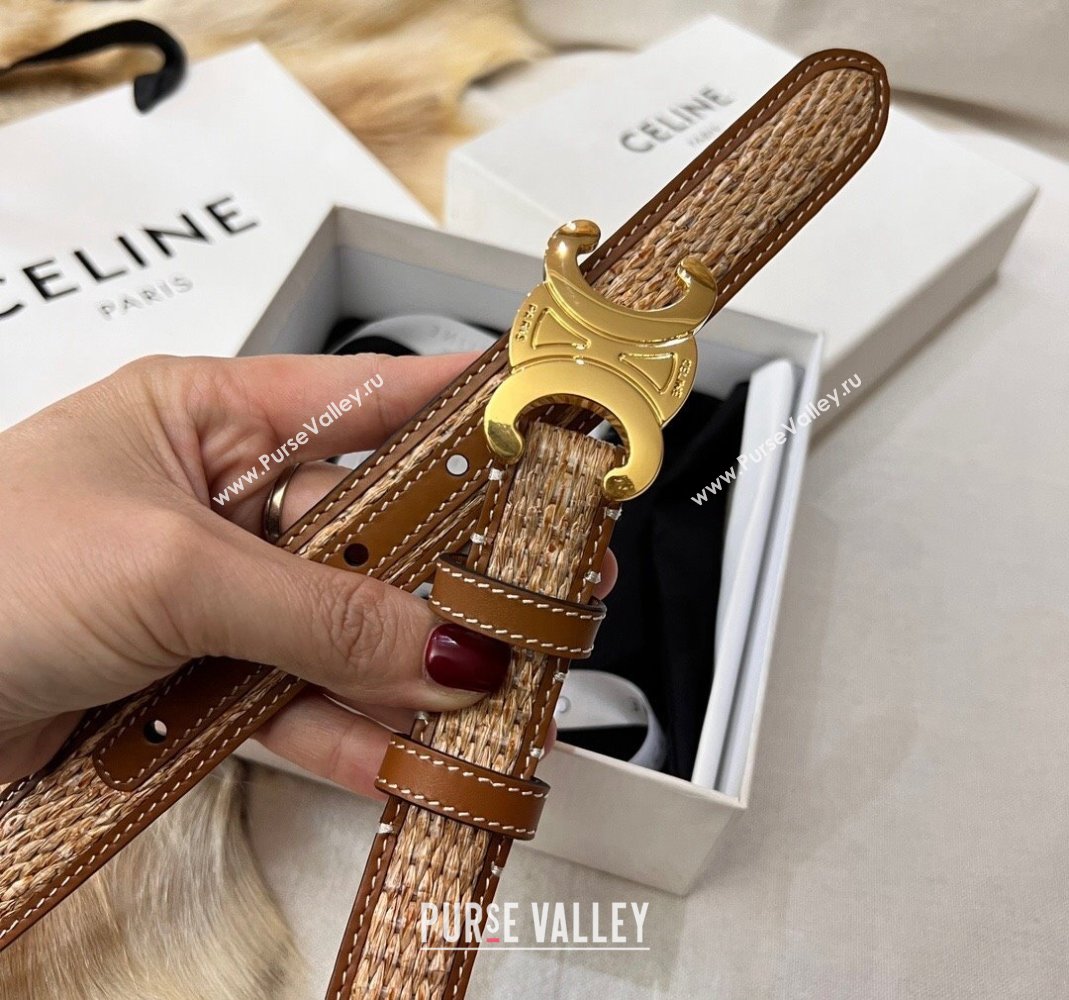 Celine Triomphe Belt 2.5cm in Straw-Like aand Leather with Gold Logo Buckle Shiny Gold 2024 368340 (99-240509138)