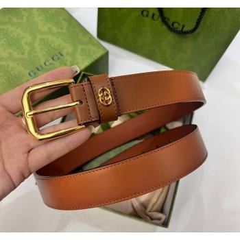 Gucci Leather Belt 3.5cm with Interlocking G Detail Brown 2024 0509 (99-240509152)