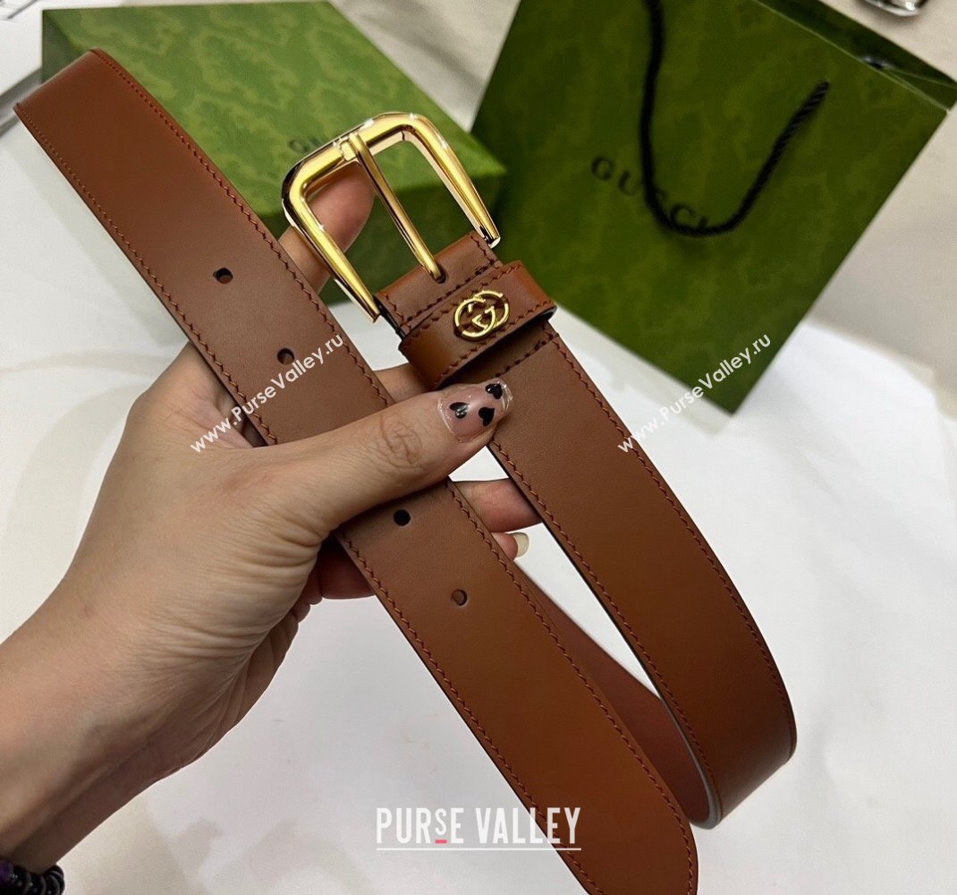 Gucci Leather Belt 3.5cm with Interlocking G Detail Brown 2024 0509 (99-240509152)