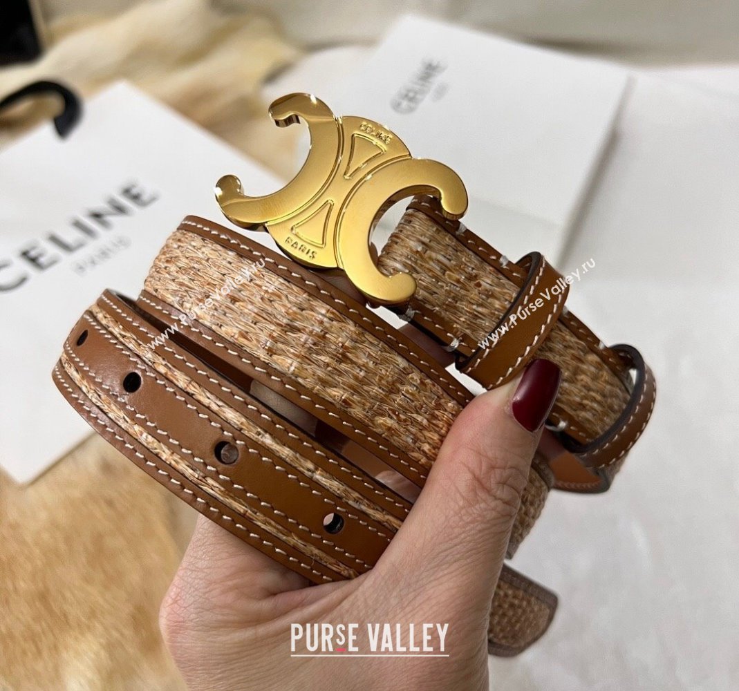 Celine Triomphe Belt 2.5cm in Straw-Like aand Leather with Gold Logo Buckle Shiny Gold 2024 368340 (99-240509138)