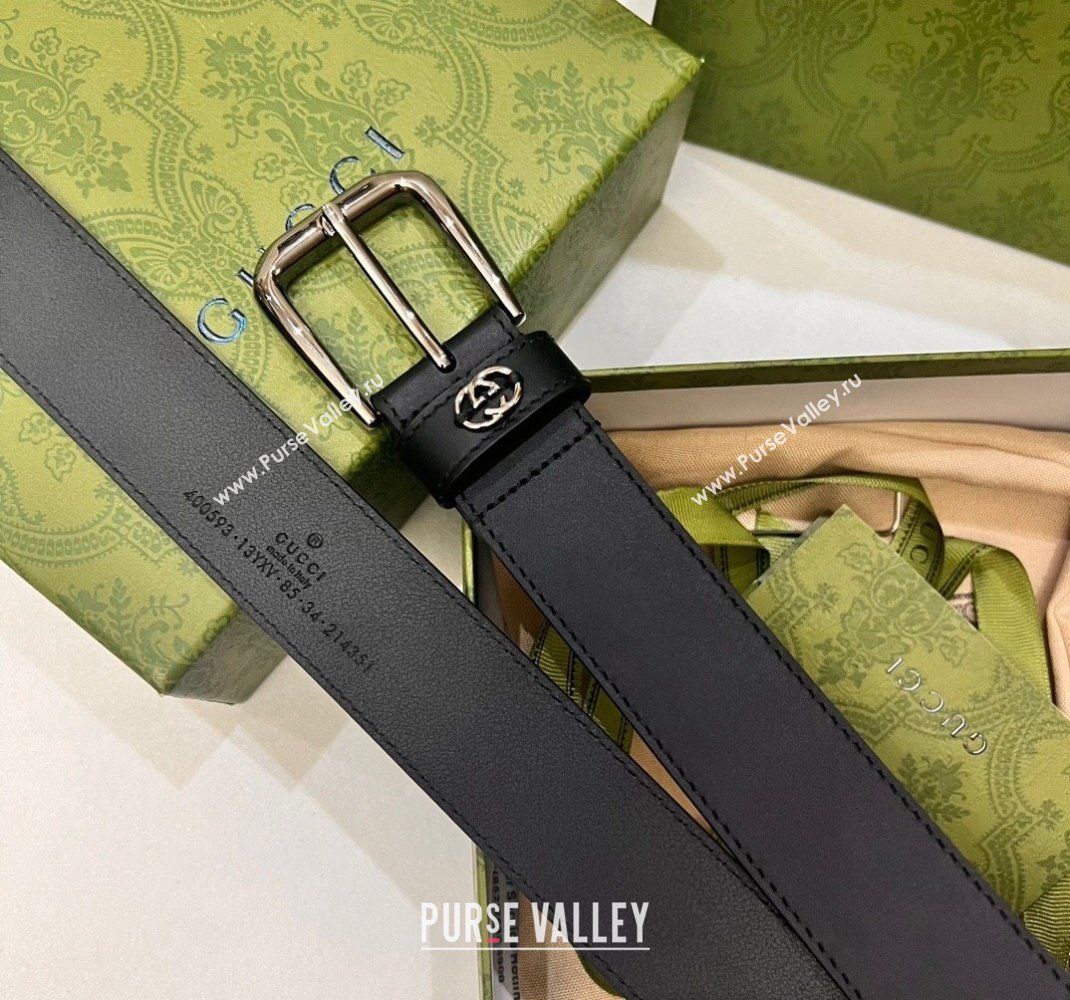 Gucci Leather Belt 3.5cm with Interlocking G Detail Black 2024 0509 (99-240509153)